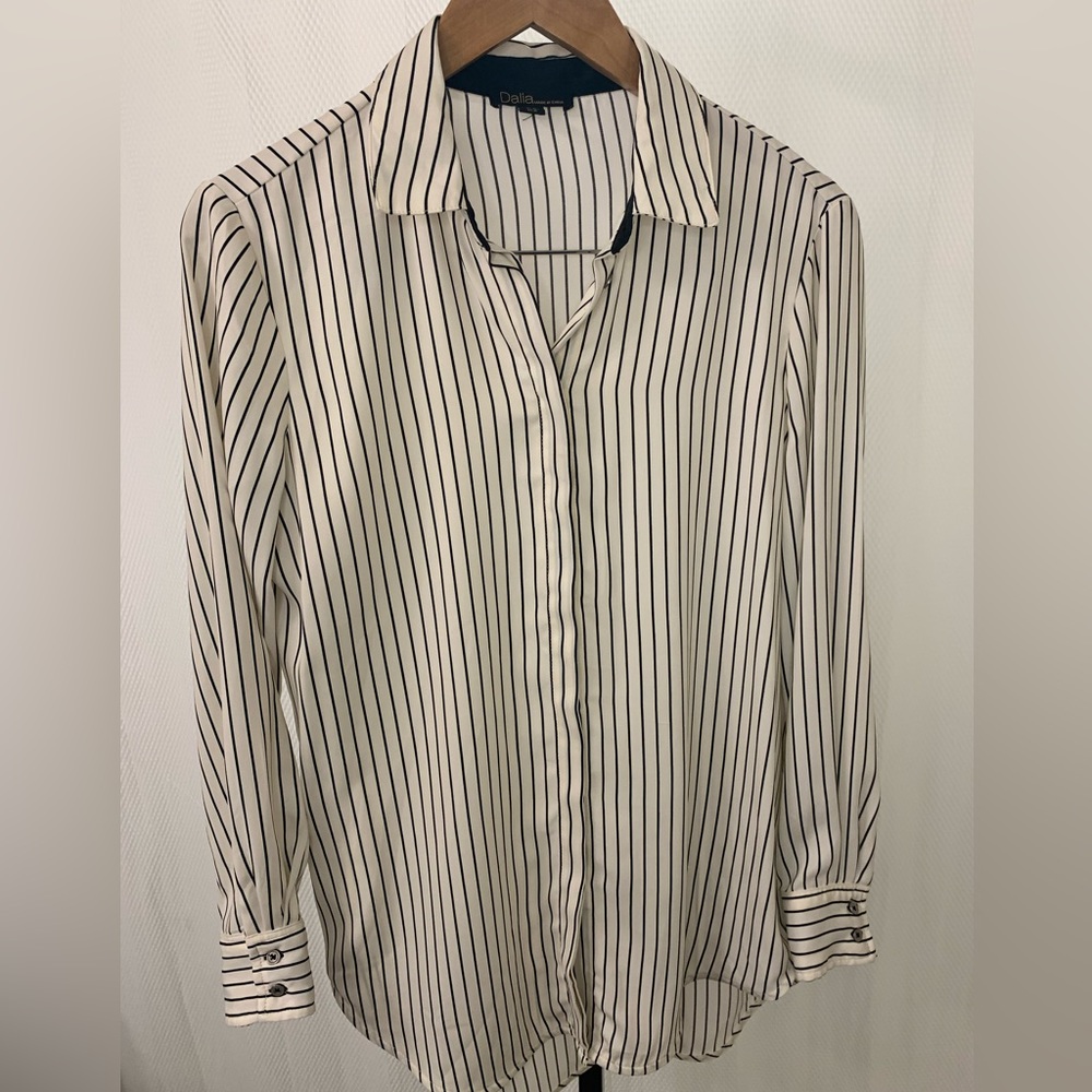 Striped white and Black button down blouse top